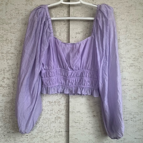 Astr Irwin Bustier Lilac Women's Smocked Crepe Long Puff Sleeve Top Sz M Pastel - Picture 9 of 14